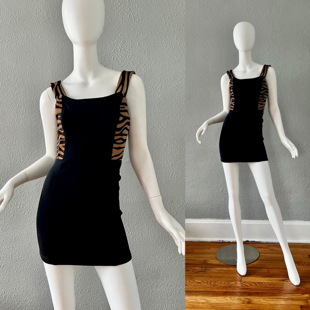 Vintage 90s JOHN MURROUGH Bodycon Animal Print Fur Mini Dress XS/S